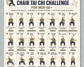 Défi de tai-chi sur chaise 28 jours pour hommes à imprimer, programme de tai-chi assis, entraînement sur chaise pour hommes seniors, équilibre, force, mobilité PDF