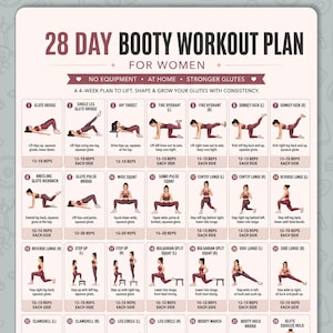 28 Day Booty Workout Plan For Women Printable, Exercise Program For Glutes, No Equipment Home Workout, Lift Tone Shape Chart PDF