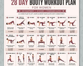 28 Day Booty Workout Plan For Women Printable, Exercise Program For Glutes, No Equipment Home Workout, Lift Tone Shape Chart PDF