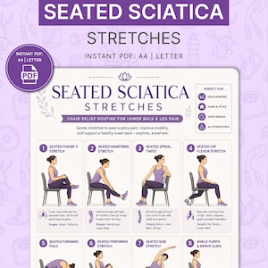 Op de afbeelding: Een paars-witte infographic met de titel "Seated Sciatica Stretches" met oefenillustraties. De gids bevat instructies voor stoelverlichtingsroutines voor lage rug- en beenpijn. Direct beschikbaar als PDF in A4- en Letter-formaten.