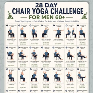 May include: A 28-day chair yoga challenge chart featuring 28 numbered illustrations of a person performing various seated exercises on a chair. The text includes titles, exercise names, instructions, and duration for each movement.