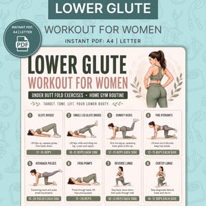 Könnte beinhalten: Ein digitaler Trainingsleitfaden mit dem Titel Lower Glute Workout for Women, der zwölf illustrierte Übungen wie Glute Bridges, Donkey Kicks und Ausfallschritte zeigt. Das Dokument enthält Schritt-für-Schritt-Anleitungen, Wiederholungszahlen und eine zentrale Illustration.
