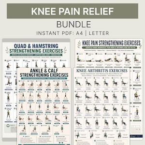 May include: A digital bundle of four instructional posters titled KNEE PAIN RELIEF BUNDLE, featuring diagrams for quad, hamstring, ankle, calf, and knee arthritis exercises. The documents are formatted for A4 and Letter size paper with text.