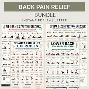 May include: A digital bundle of four instructional posters titled Back Pain Relief, featuring illustrated exercise guides for piriformis, spinal decompression, sciatica, and lower back pain. Each poster includes step-by-step diagrams for A4 or letter size.