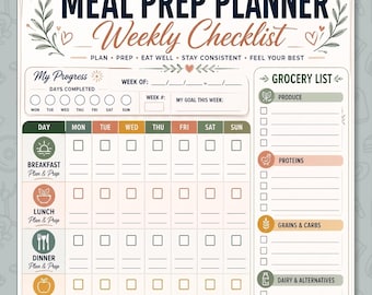 Meal Prep Planner Weekly Checklist Printable, Plan Prep Track Breakfast Lunch Dinner Snacks, Grocery List Included PDF