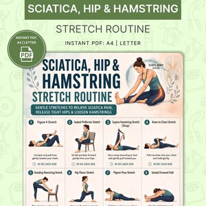 May include: A digital PDF guide titled "Sciatica, Hip & Hamstring Stretch Routine." The guide features illustrations of eight different stretches, including Figure 4, Knee to Chest, and Pigeon Pose, with instructions and time recommendations.