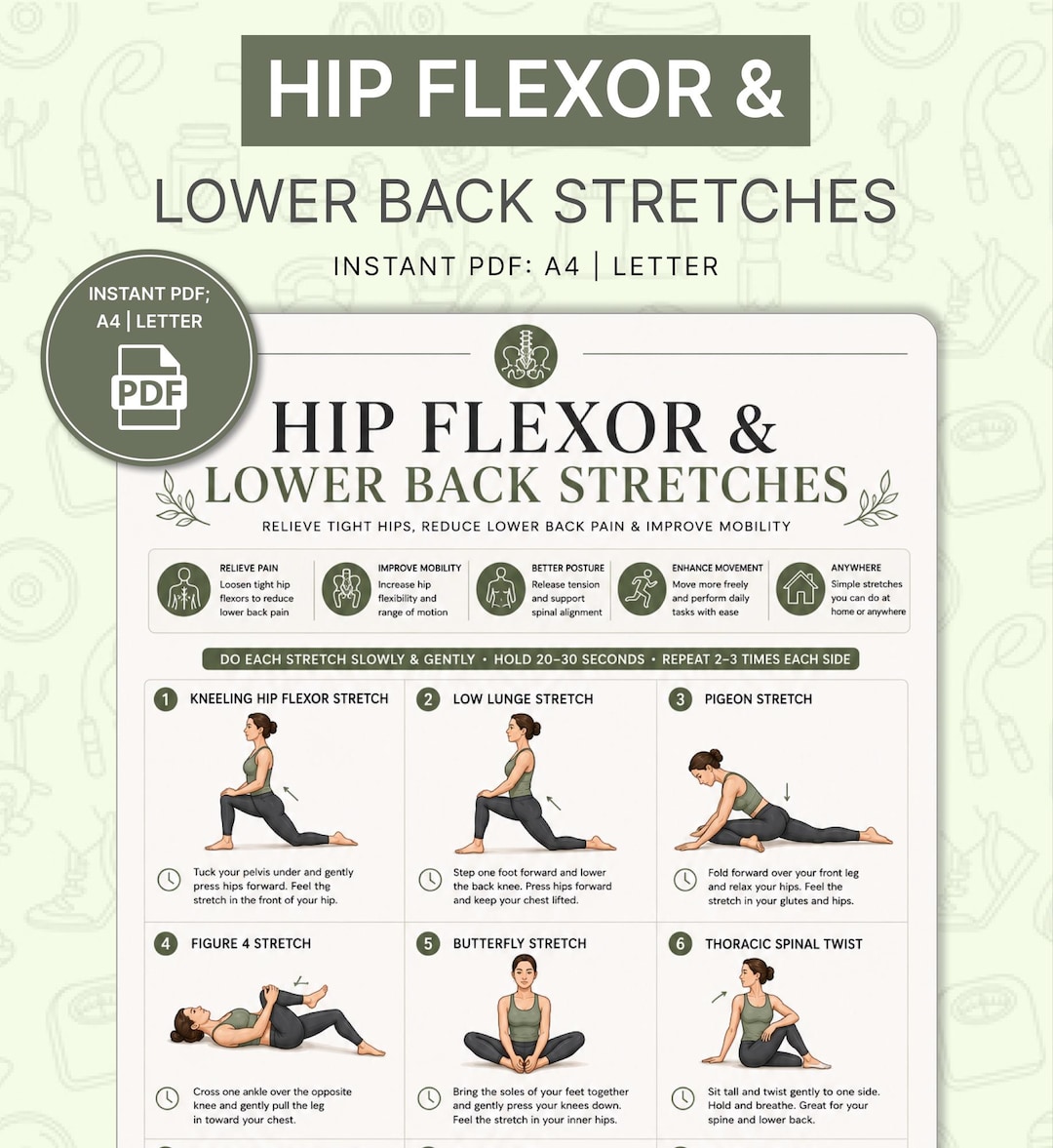 Hip Flexor and Lower Back Stretch Chart Printable | Tight Hips Back ...
