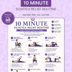 Könnte beinhalten: Ein lila-weißes Infografik mit dem Titel "10 Minuten Ischias-Schmerzlinderung Routine" mit Übungsillustrationen. Die Tabelle enthält Anweisungen für eine tägliche Ischias-Dehnungsroutine, mit Fokus auf schnelle Nervenschmerzreduzierung. PDF in A4 und Letter verfügbar.