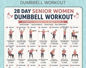 28 Day Senior Women Dumbbell Workout 60+ Printable, Strength Training Exercises, Elderly Home Fitness Routine, Senior Poster Chart PDF