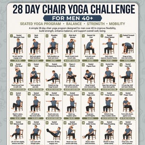 28 Day Chair Yoga Challenge For Men 40+ Printable, Seated Yoga Program Balance Strength Mobility, Home Fitness Poster PDF