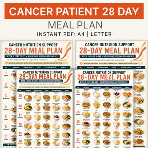 May include: A 28-day cancer nutrition support meal plan document available as an instant PDF in A4 and Letter sizes. The charts feature daily schedules for breakfast, morning snack, lunch, afternoon snack, and dinner with food illustrations.