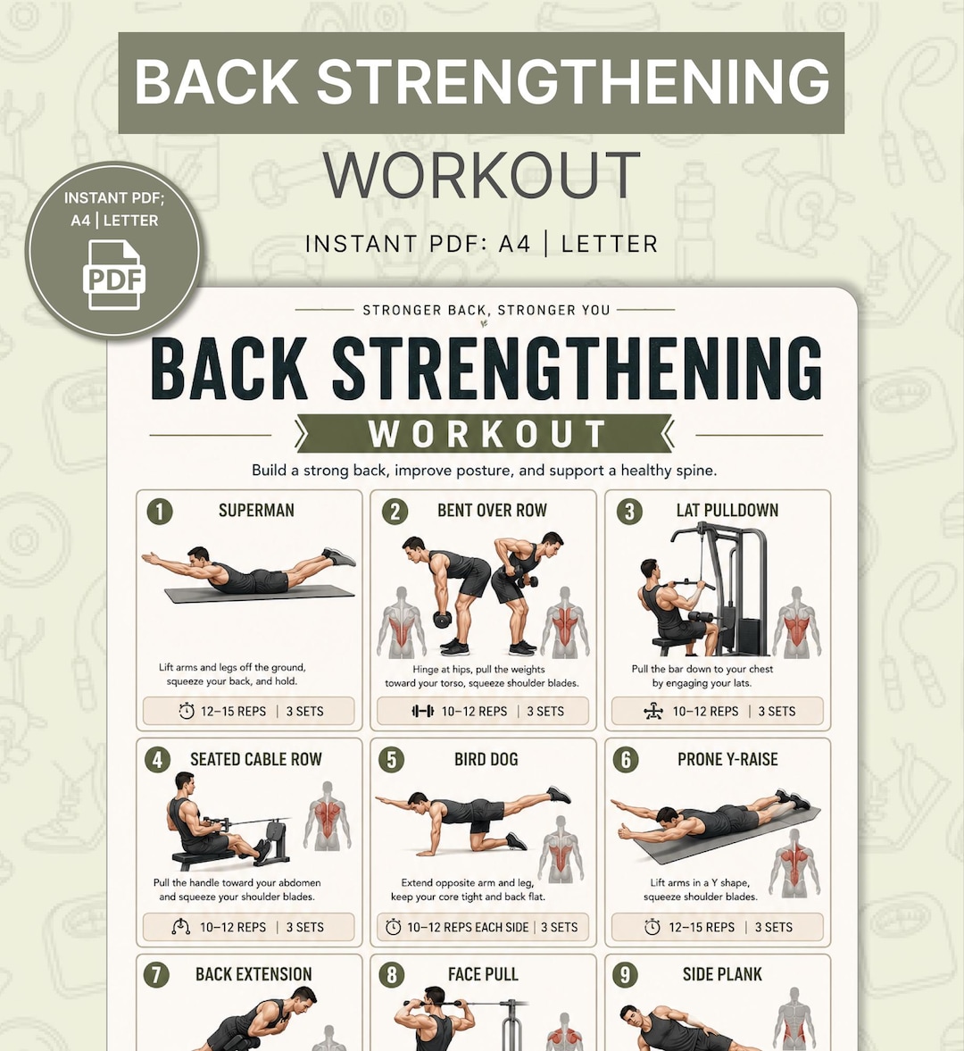 Back Strengthening Workout Poster Printable | Core Lower Back Exercise ...