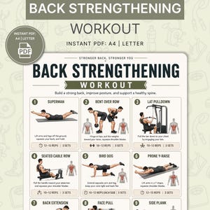Puede incluir: Una infografía en blanco y gris titulada "Back Strengthening Workout" con ilustraciones de ejercicios. El PDF incluye ejercicios como Superman, Bent Over Row y Lat Pulldown. El texto incluye instrucciones para cada ejercicio, con series y repeticiones.