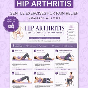 Könnte beinhalten: Eine lila-weiße Infografik mit dem Titel "HIP ARTHRITIS" mit Übungen zur Schmerzlinderung. Der PDF-Leitfaden enthält Illustrationen von Übungen wie Beckenkippen, Fersengleiten und Rückenlage-Hüftabduktion, mit Anweisungen und Vorteilen.