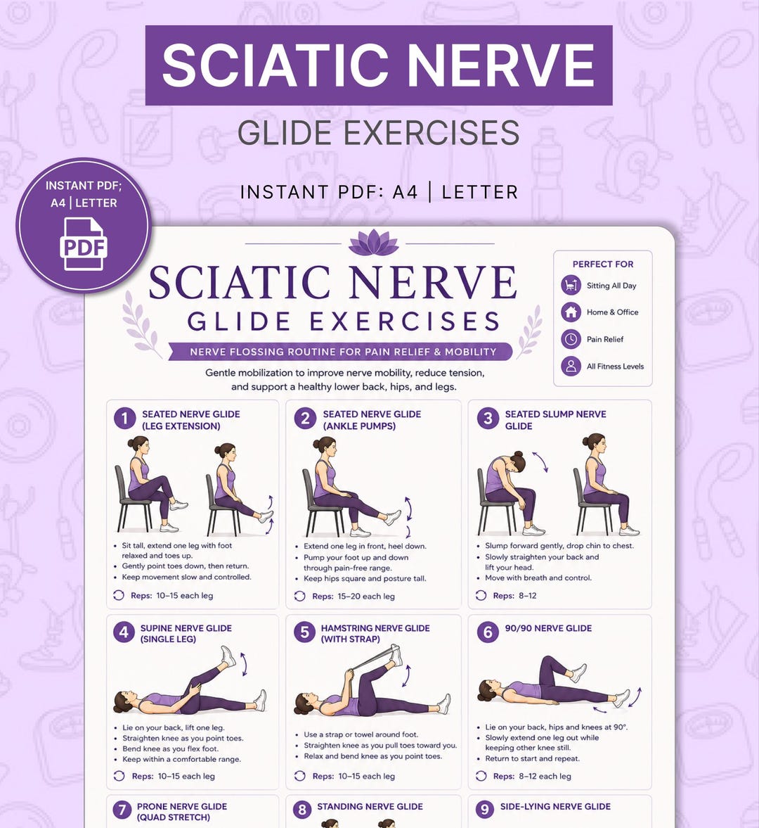 Sciatic Nerve Glide Exercises Printable | Nerve Flossing Routine Chart ...