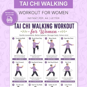 以下が含まれることがあります： 「Tai Chi Walking Workout for Women」と題された紫と白のインフォグラフィック。ウォーキングワークアウトのイラスト付きステップが特徴で、センタリングウォーク、ブラシニーステップ、ウェーブハンド、オープンザチェストなどがあります。PDFはA4とレターサイズで利用できます。