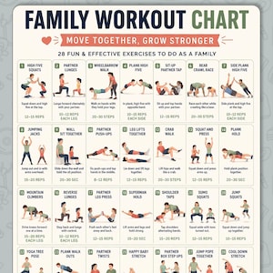 May include: A rectangular Family Workout Chart poster featuring the title Move Together, Grow Stronger and 28 numbered illustrations of pairs performing various exercises with descriptive text and repetition counts for each activity.