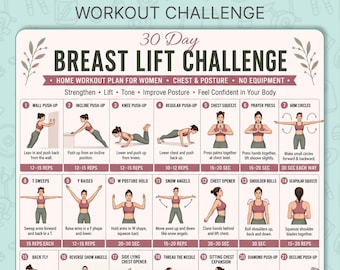 28 Day Breast Lift Challenge Printable, Home Workout Plan For Women, Chest Posture Exercises, No Equipment, Strength Training PDF