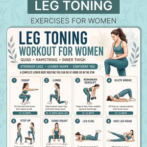 Allenamento per tonificare le gambe per donne (stampabile) / Schema per quadricipiti, ischiocrurali e interno coscia / Guida completa per la parte inferiore del corpo (PDF, download digitale)