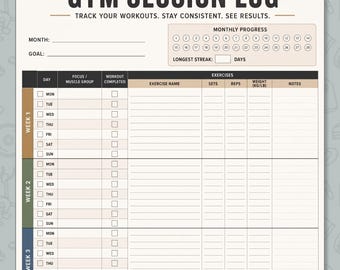 Fitness-Studio Session Log druckbare, monatliche Workout-Tracker-Sets Reps Gewicht, verfolgen Sie Ihre Workouts bleiben konsistent und sehen Ergebnisse PDF