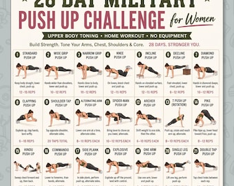 28 Day Military Push Up Challenge For Women Printable, Bodyweight Workout Plan, Bootcamp Fitness Poster, Upper Body Toning PDF
