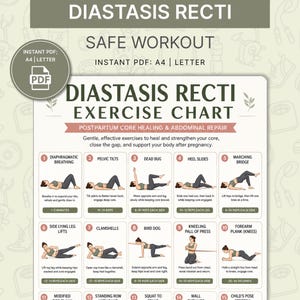 Könnte beinhalten: Ein Trainingsplan mit dem Titel "Diastasis Recti Exercise Chart" mit Übungen zur postpartalen Kernheilung und Bauchreparatur. Die Tabelle enthält Illustrationen von Übungen wie Beckenkippungen, Fersengleitern und Marschbrücke. Die Tabelle ist ein PDF, A4- oder Letter-Format.