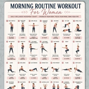 Puede incluir: Un gráfico rectangular titulado Morning Routine Workout For Women que presenta veintiocho ilustraciones numeradas de una persona con top rosa y leggings oscuros realizando varios ejercicios físicos con texto y repeticiones.