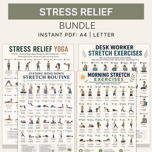 Stress Relief Bundle Printable, Morning Stretch, Evening Wind Down, Desk Worker Stretch & Stress Relief Yoga PDF, Instant Download