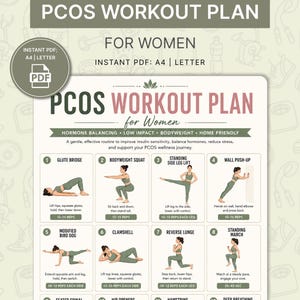 Pode incluir: Um plano de treino PCOS imprimível para mulheres, com exercícios como pontes de glúteos, agachamentos e lunges. O PDF inclui instruções e ilustrações para cada exercício, promovendo o equilíbrio hormonal e treinos de baixo impacto.