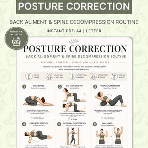 May include: A printable PDF guide for posture correction, featuring exercises to realign, stretch, and strengthen the back and spine. The guide includes illustrations of various stretches, such as Child's Pose and Doorway Chest Stretch, with instructions.