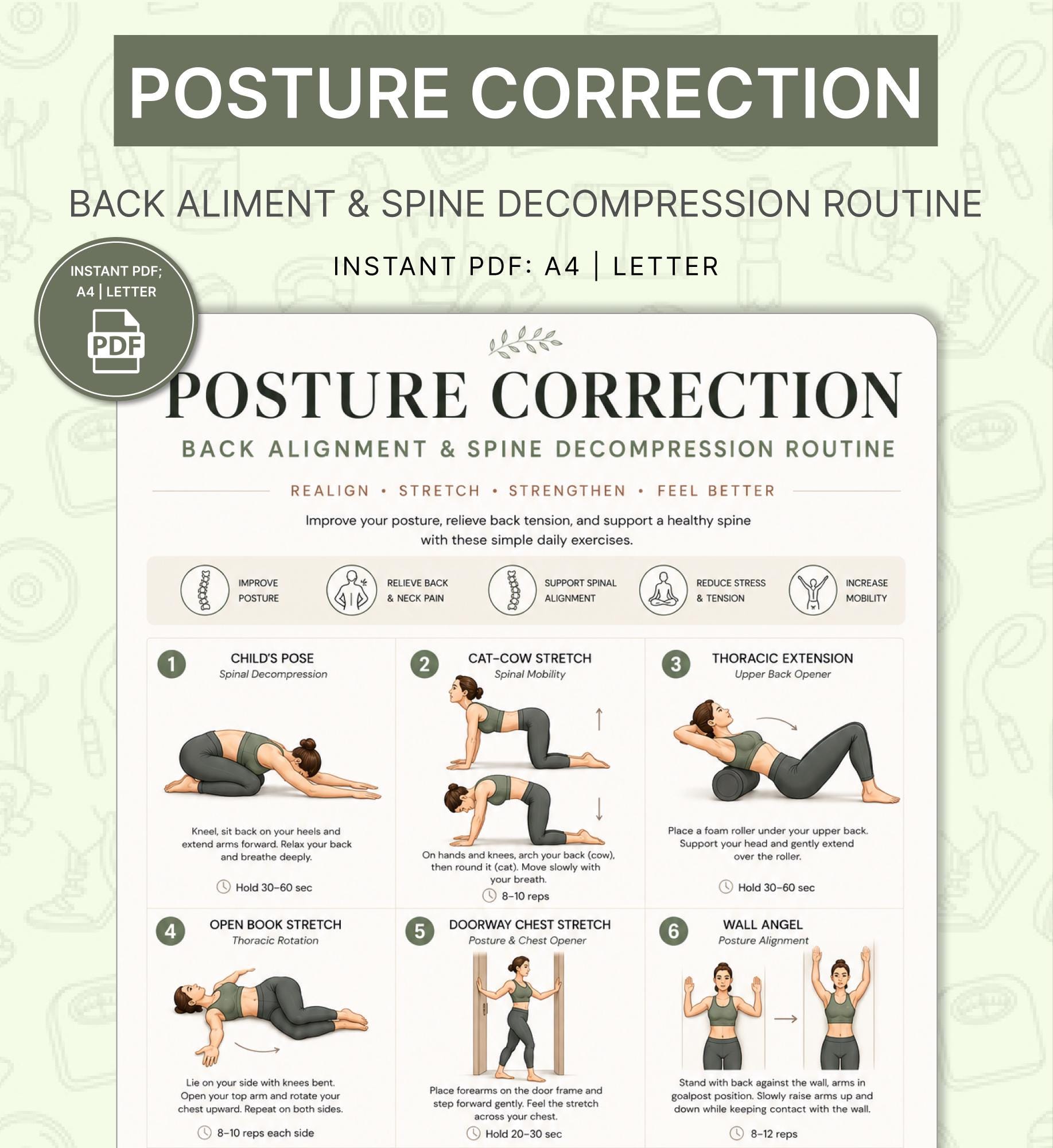 Posture Correction Exercises Printable | Back Alignment Stretch Chart ...