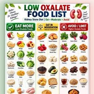 Peut inclure: Un tableau de liste d'aliments à faible teneur en oxalate divisé en trois colonnes : Manger plus, Manger avec modération et Éviter. Le graphique présente des illustrations de divers aliments, des étiquettes textuelles et des icônes de reins en haut.