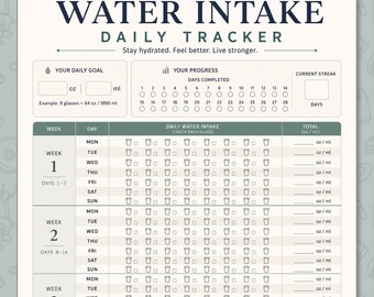 Water Intake Daily Tracker Printable, 28 Day Hydration Chart, Stay Hydrated Feel Better Live Stronger Wellness PDF