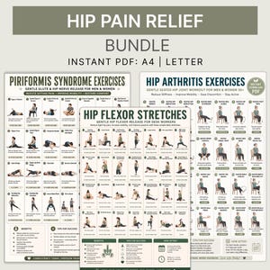 Könnte beinhalten: Ein digitales Set aus drei Übungsplänen mit dem Titel Hip Pain Relief Bundle, das illustrierte Anleitungen für Piriformis-Syndrom, Hüftbeuger-Dehnungen und Hüftarthrose-Übungen in den Papierformaten A4 und Letter enthält.