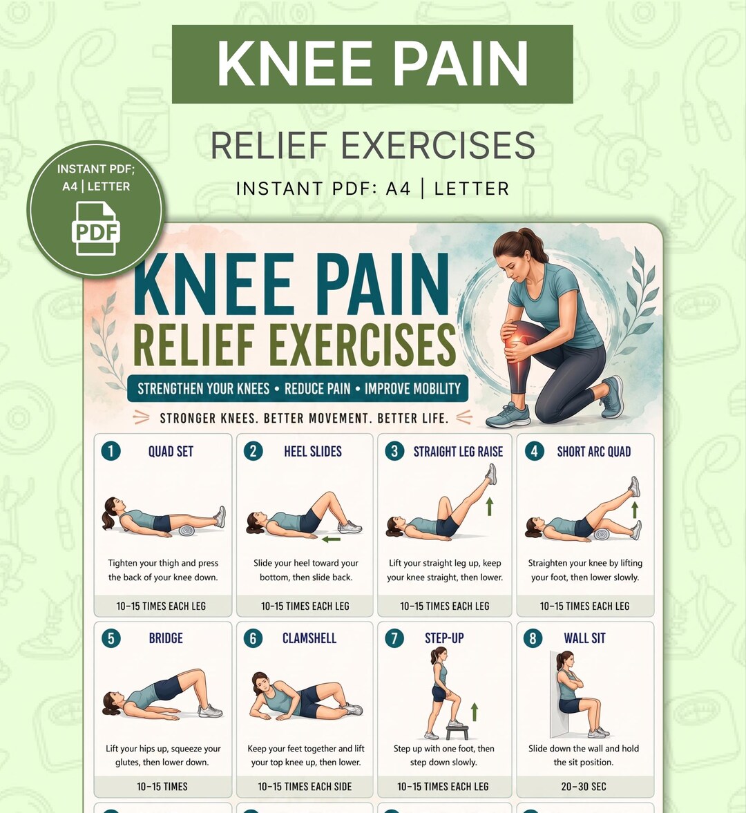 Knee Pain Relief Exercise Poster Printable | Strengthen Knees Reduce ...