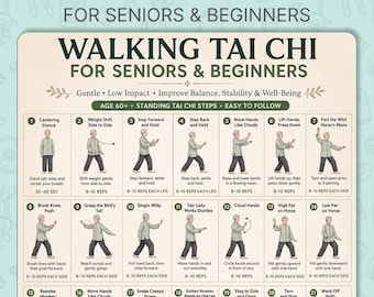 28 Day Walking Tai Chi For Seniors Beginners Printable, Standing Tai Chi Steps Exercise Chart, Balance Stability Workout, Gentle PDF