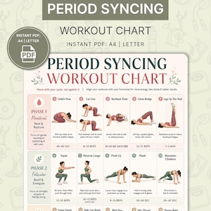 May include: A workout chart titled "Period Syncing Workout Chart" with exercise illustrations. The chart is designed to align workouts with hormonal cycles. It includes exercises like Child's Pose, Cat Cow, and Reclined Twist, with instructions and time frames.