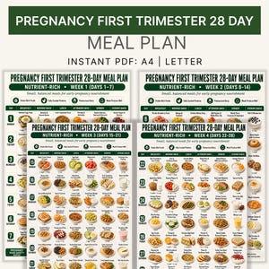 May include: A digital meal plan document titled Pregnancy First Trimester 28 Day Meal Plan, formatted for A4 and Letter sizes. The pages feature a grid layout with daily food suggestions, nutritional icons, and text for weeks one through four.