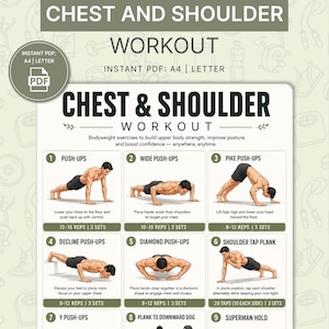 Op de afbeelding: Een workoutgids getiteld "Chest and Shoulder Workout" met illustraties van verschillende oefeningen, waaronder push-ups en planks. De gids is beschikbaar als een instant PDF in A4- en Letter-formaten.