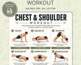 Chest and Shoulder Workout Poster Printable | Upper Body Bodyweight Exercise Chart Home | Push Strength Fitness Wall Art | Instant Download