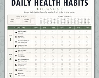 Daily Health Habits Checklist Printable, 30 Day Tracker For Water Exercise Sleep And Nutrition, Build Consistency Wellness Chart PDF