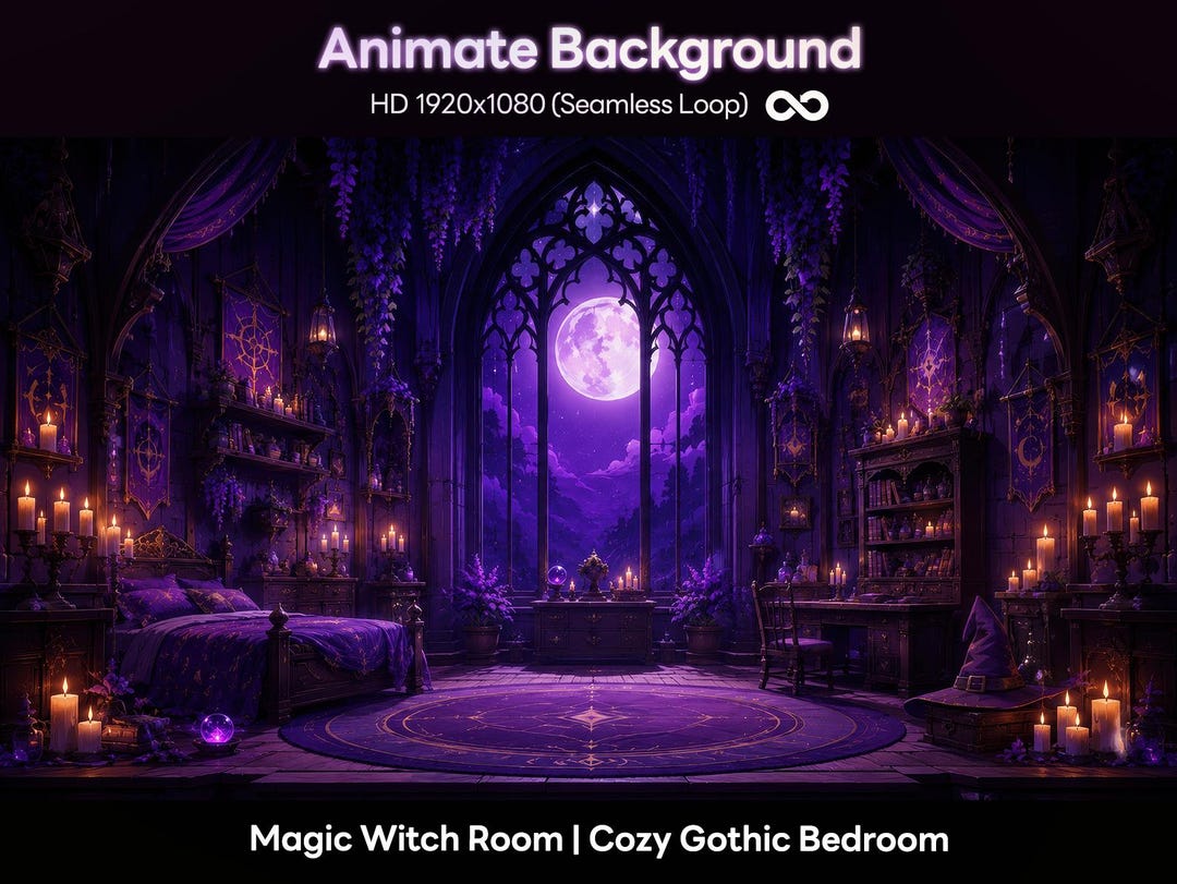 Animated Vtuber Background | Magic Witch Room, Cozy Gothic Bedroom ...
