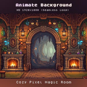 May include: Pixel art illustration of a cozy magic room with a fireplace, bookshelves, and hanging lanterns. The scene is warm and inviting, with a focus on detail and a fantasy theme. Text at the top reads "Animate Background" and "HD 1920x1080 (Seamless Loop)".