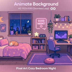 Op de afbeelding: Pixel art illustratie van een gezellige slaapkamer 's nachts. De kamer is ingericht in paarse en roze tinten, met een bed, bureau en raam met uitzicht op een skyline. De tekst "GOOD NIGHT" staat op een neonbord.