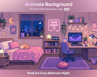 Animated Pixel Art Cozy Bedroom Background | Lofi Night Stream (Digital File)