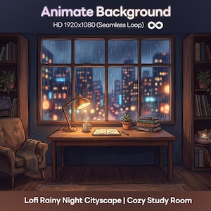 Puede incluir: Ilustración de una acogedora sala de estudio con vista a un paisaje urbano nocturno lluvioso. Un escritorio con una lámpara, libros y una taza se encuentra frente a una ventana. Estanterías y un sillón cómodo completan la escena. El texto "Animate Background" está en la parte superior.