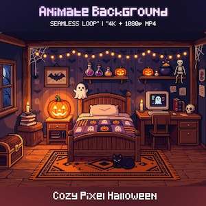 Könnte beinhalten: Pixel-Art-Illustration eines gemütlichen Halloween-Schlafzimmers. Das Zimmer verfügt über ein Bett mit einer Steppdecke zum Thema Kürbis, einen Jack-o'-Lantern und einen Computer mit einem Geist auf dem Bildschirm. Der Text "ANIMATE BACKGROUND" und "Cozy Pixel Halloween" sind sichtbar.