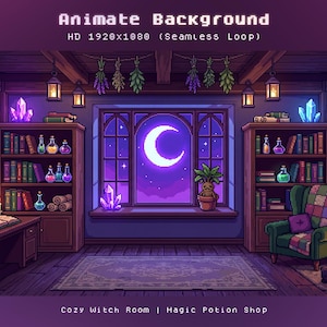 May include: Pixel art illustration of a cozy witch room with a purple and blue color scheme. The room features bookshelves, a fireplace, a window with a crescent moon, and the text "Animate Background" and "Cozy Witch Room | Magic Potion Shop".
