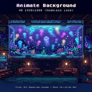 以下が含まれることがあります： ネオンクラゲバーのピクセルアートアニメーション背景。カラフルなクラゲ、サンゴ、植物でいっぱいの大きな水槽が表示されています。バーにはステージ、テーブル、座席があります。画像には「Animate Background」と「Pixel Art Aquarium Lounge | Neon Jellyfish Bar」と書かれています。