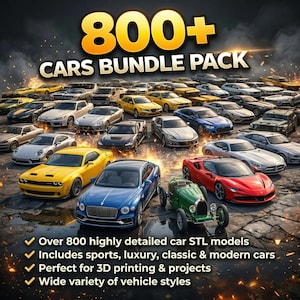 Peut inclure: Une image présentant une collection de modèles de voitures variés, incluant des voitures de sport, de luxe, classiques et modernes. Le texte "800+ CARS BUNDLE PACK" est affiché en haut. L'image inclut également le texte "Over 800 highly detailed car STL models".